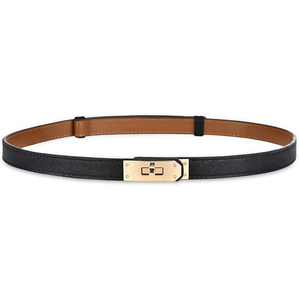 🆕 Women's Skinny Leather Belt Adjustable Silver Turn-Lock Buckle Ideal Black